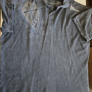 Affliction Men's Charcoal And Blue  Polo with Cross Detail